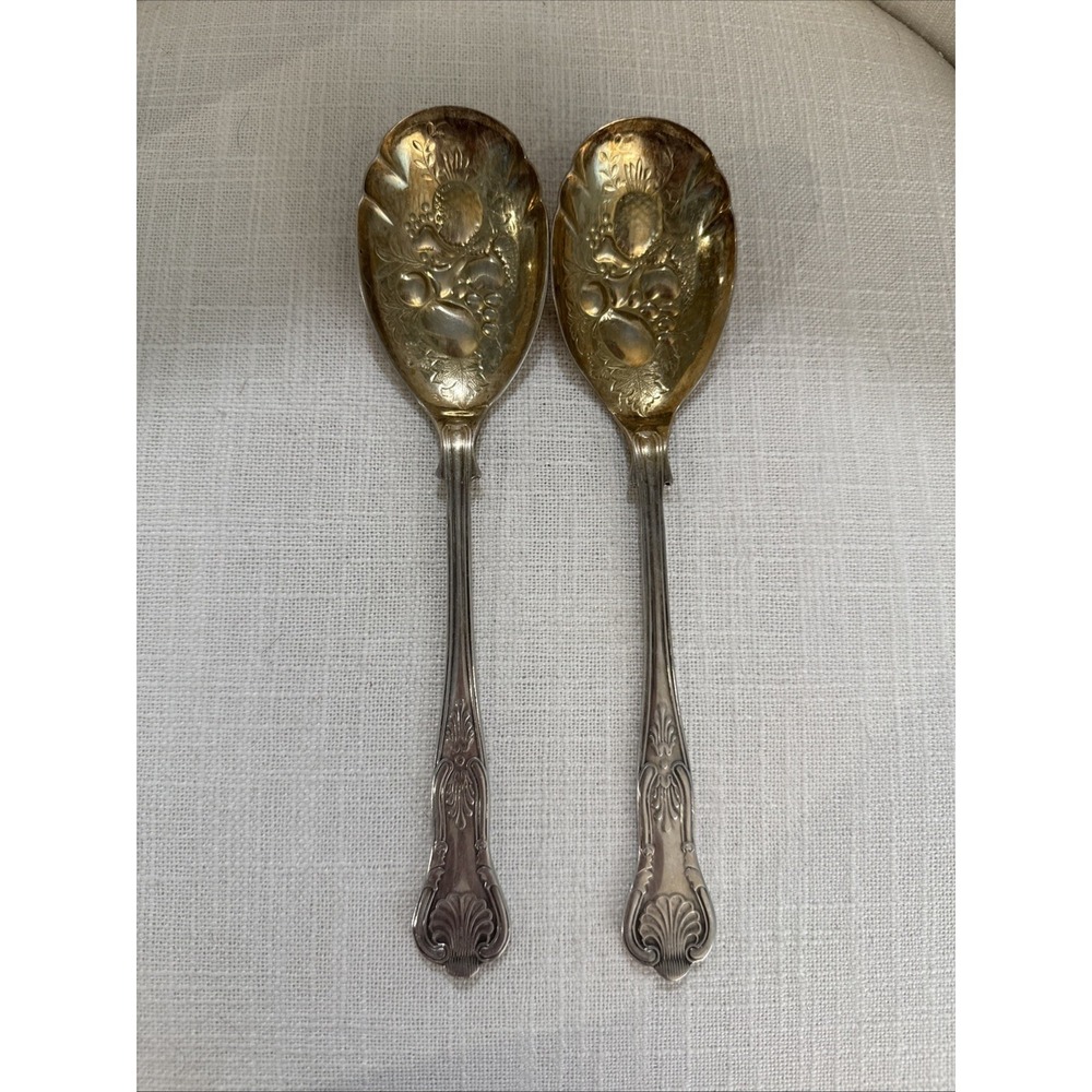 Sheffield England Embossed Fruits Silver and Gold‎ Plated Serving Spoons 8 1/2"
